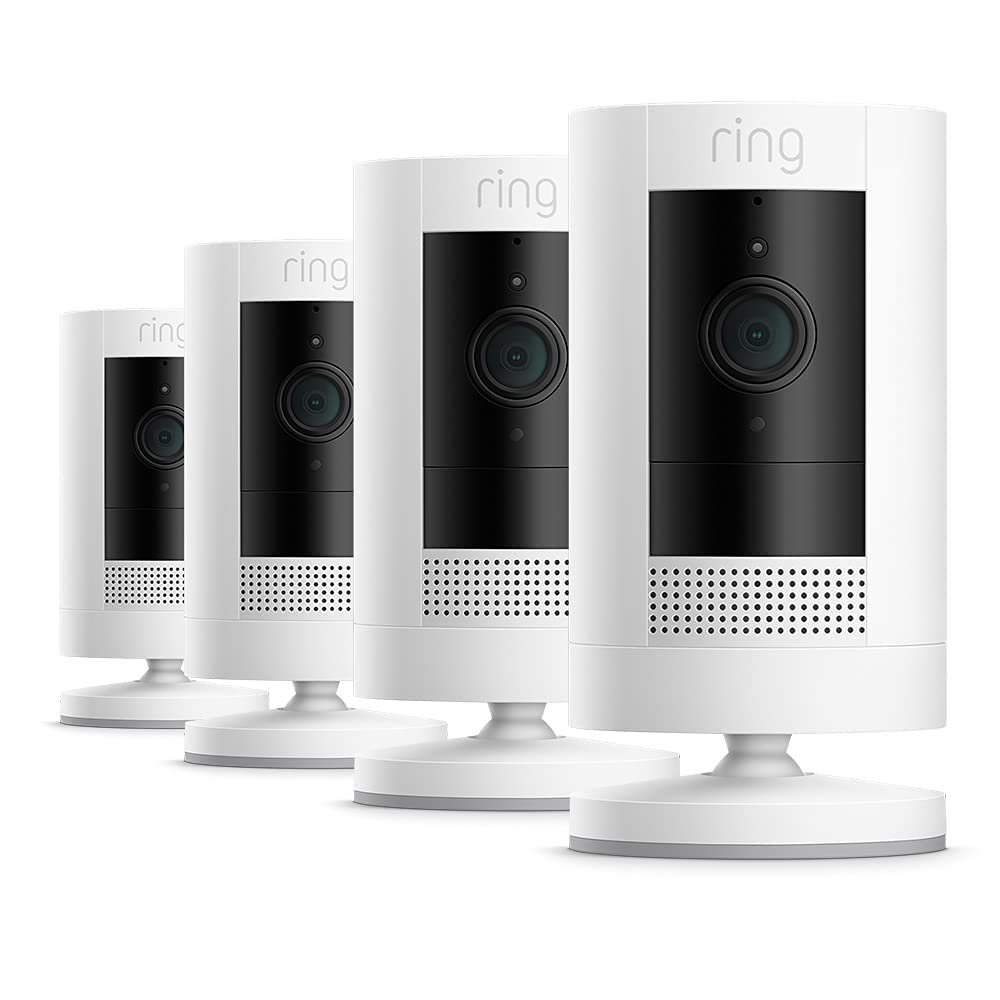 chollo Pack 4 - Ring Cámara exterior con batería (Stick Up Cam) | Cámara de vigilancia wifi HD para tu domicilio con comunicación bidireccional, instalación fácil | 30 días gratis de Ring Home