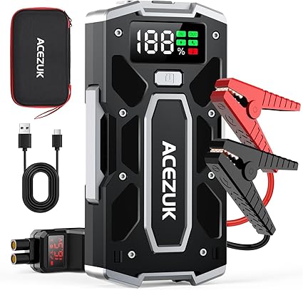 chollo ACEZUK Arrancador de Coches 6000A, Arrancadores de Bateria de Coche Portátil(hasta 8.0L de diésel o 10.0L de Gasolina), 12V Jump Starter, Pinzas Inteligentes con Pantalla, Luz LED, Puerto QC3.0