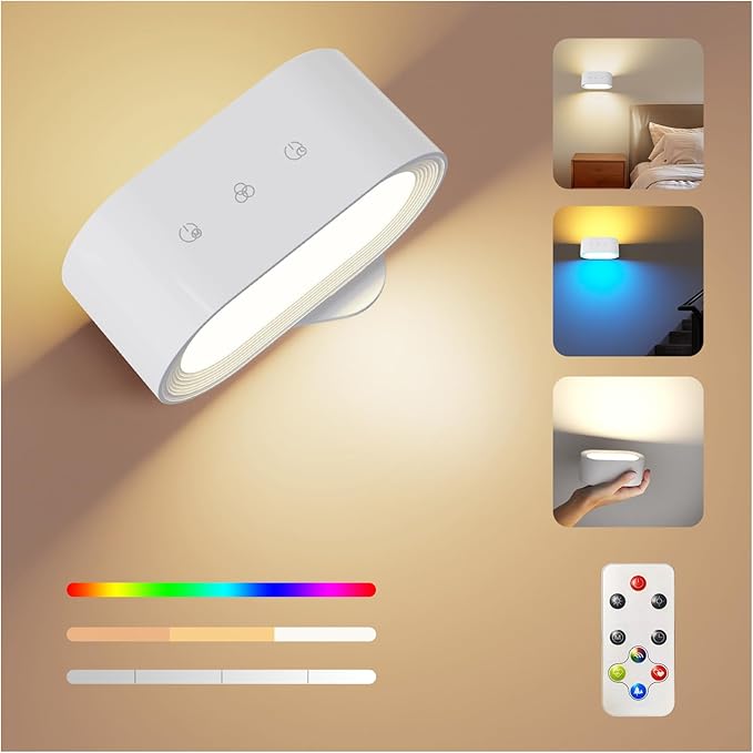 chollo Feallive Lámpara, Aplique de Pared con Mando a Distancia con luz ambiental RGB, Función de Temporizador de 1 Hora Luz Giratoria 360° Hacia Arriba y Abajo