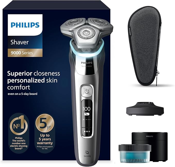 chollo Philips Shaver S9000, afeitadora eléctrica Wet & Dry, tecnología Levanta y Corta con SkinIQ, cortapatillas desplegable, Cleaning Pod, soporte de carga, estuche de viaje, plateado cromado, S9975/54