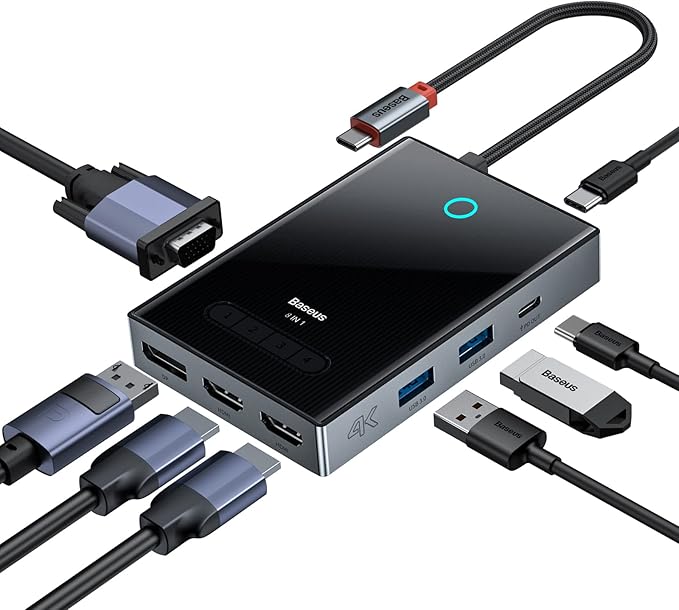 chollo Baseus Docking Station con 4 Pantallas, Hub USB C con 2 Puertos HDMI 4K, DisplayPort 120Hz 4K, VGA, 100W PD, Puertos 5 Gbps USB-A 3.0 y USB-C 3.0