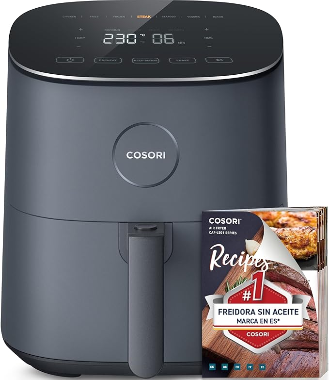 chollo COSORI Freidora de Aire 4,7L, Máxima 230 °C, Air Fryer con 30+ Recetas en Español, 9 Programas, Diseño Moderno y Elegante, Silenciosa, Panel Táctil Sencillo, Gris, L501