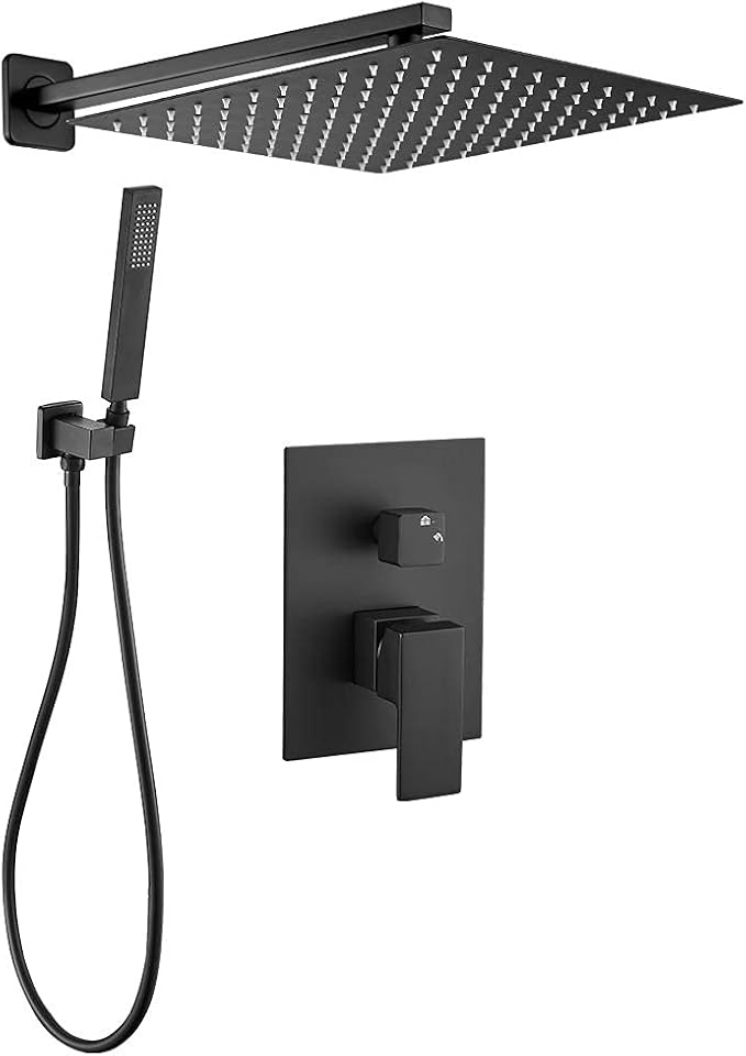 chollo VALAZ Ducha Empotrada Negro Mate | Ducha Monomando 2 Vías, Rociador Efecto Lluvia | Instalación en Pared Fácil y Rápida | Acero Aleado, Inoxidable, Elegante, Cuadrada, Rociador 25 cm, Serie Tajo