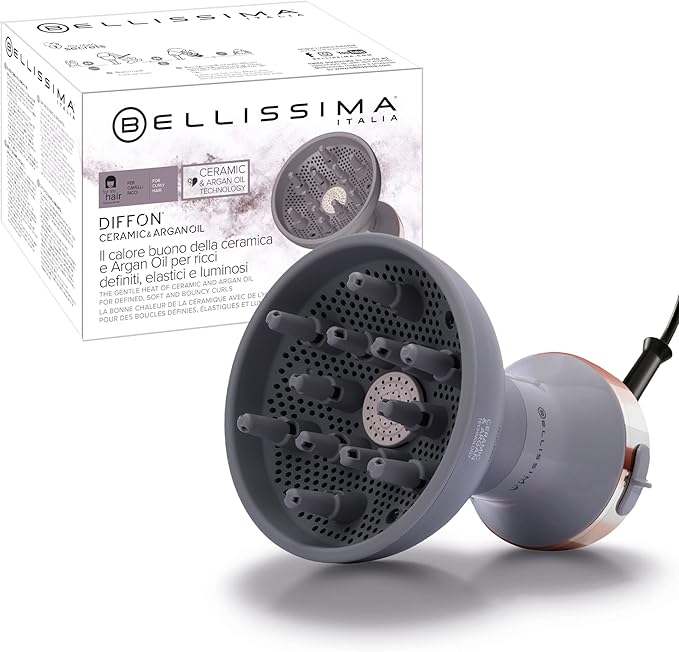 chollo Bellissima Imetec Diffon Ceramic & Argan Oil Difusor de Aire Caliente para Cabello Rizado, Tecnología de 2 Niveles de Aire/Temperatura, Secado Suave, 700 W, Color Gris