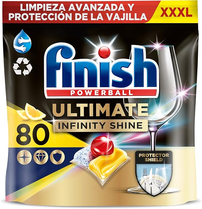 chollo Finish Powerball Ultimate Infinity Shine pastillas lavavajillas, 80 cápsulas lavavajillas, Limpieza avanzada y protección de la vajilla, Aroma limón