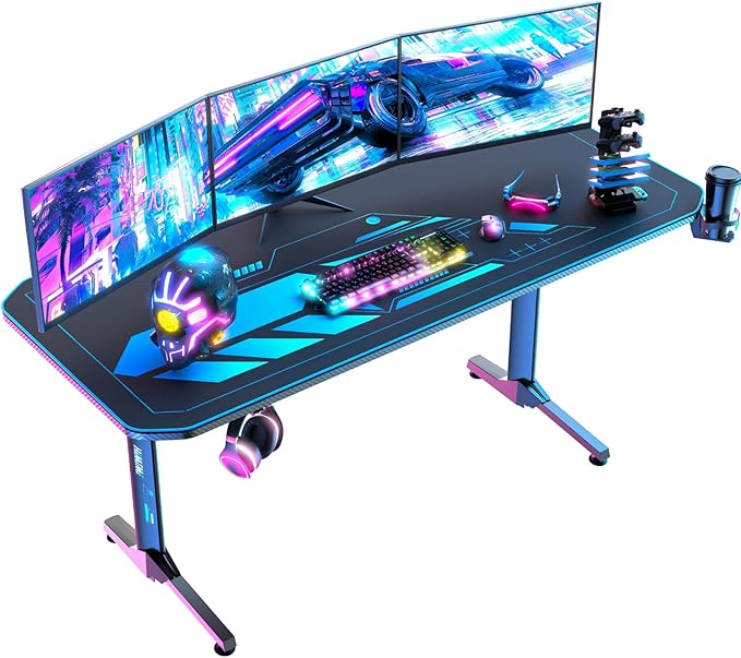 chollo Himimi 160x75x75 cm Mesa Gaming Desk, Ergonómica con Alfombrilla de ratón, Portavasos y Gancho para Auriculares