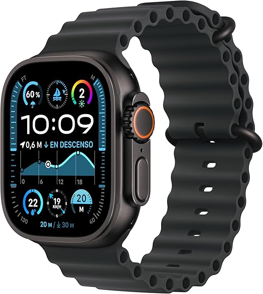 chollo Apple Watch Ultra 2 GPS + Cellular Smartwatch, reloj deportivo con caja de titanio negro resistente de 49 mm y Correa Ocean Negro. Monitor de entreno, GPS de alta precisión y pantalla Retina brillante