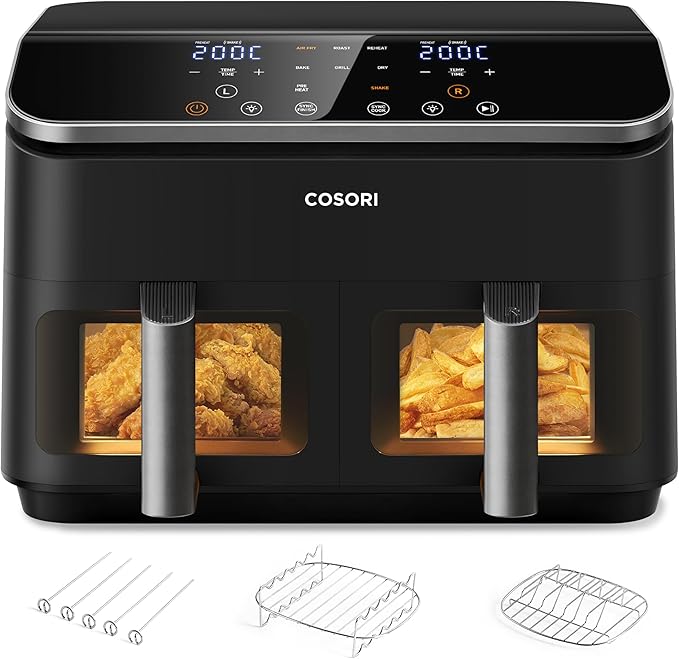 chollo COSORI Freidora de Aire con Doble Cesta 8,5L, Air Fryer con Ventana e Iluminación Interiorcon Función SYNC, 10 en 1, 35-230℃, Incluye 4 Accesorios Gratuitos, CAF-R901