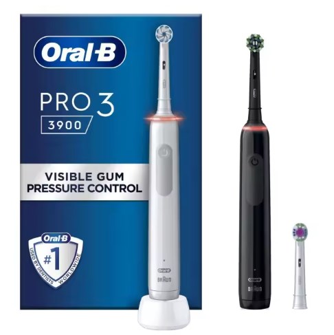 chollo Oral-B Pro 3 3900 Dual. Pack Regalo de 2 Cepillos de Dientes Eléctricos Negro y Blanco, 1 Estación de Carga y 2 Cabezales. 3 Modos de cepillado y Control Visual de Presión 360°, diseñado por Braun.