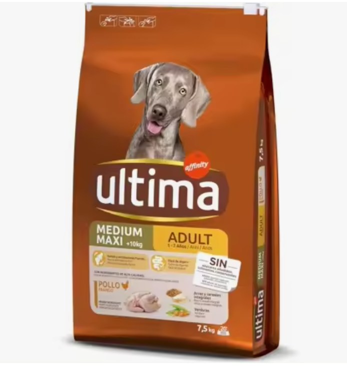 chollo Ultima Medium-Maxi Adult con Pollo, Verduras, Arroz y Cereales Integrales. Comida Seca para Perros, Huesos y Articulaciones Fuertes, un Paquete de 7,5kg