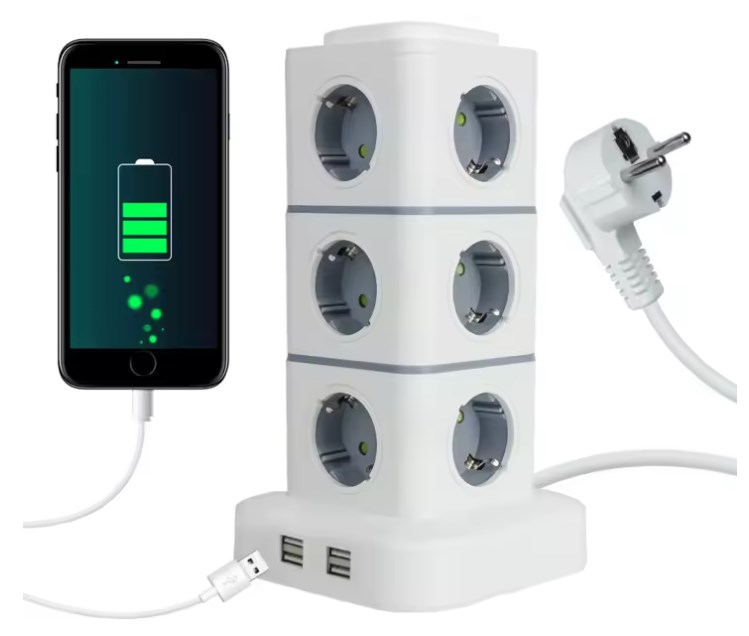 chollo Enchufe De Torre Con 12 Salidas Cuerda De Extensión Vertical 2.8m Con 4 USB Protector De Sobrecarga EU Plug 220V 10A