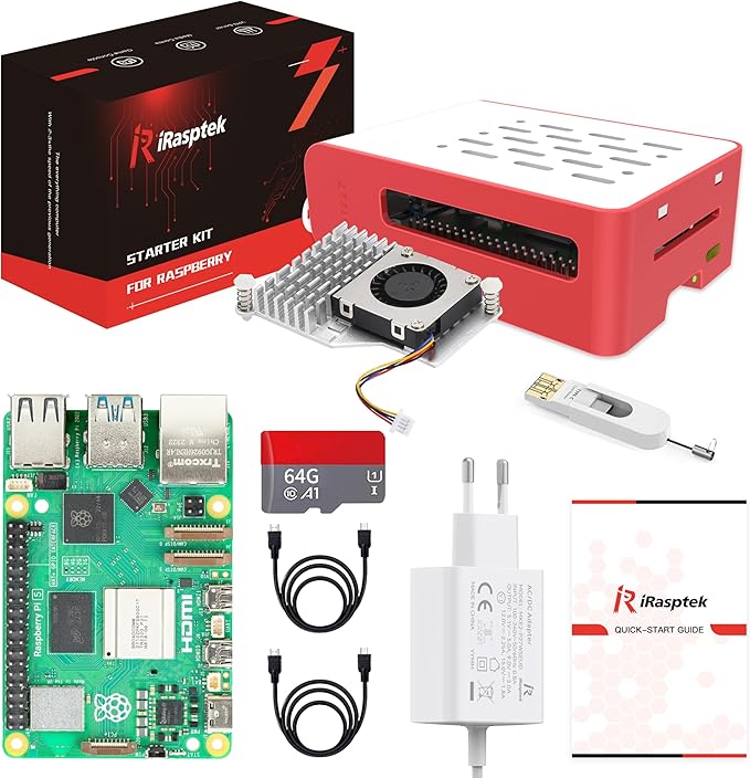 chollo iRasptek Raspberry Pi 5 8GB Starter Kit-Edición OS-Bookworm de 64GB preinstalada (Caja Rojo y Blanco)