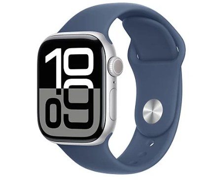 chollo Apple Watch Series 10 (2024), GPS + Cellular, 42 mm, Gesto de doble toque, Caja de aluminio plata, Correa deportiva Azul denim, Talla M/L