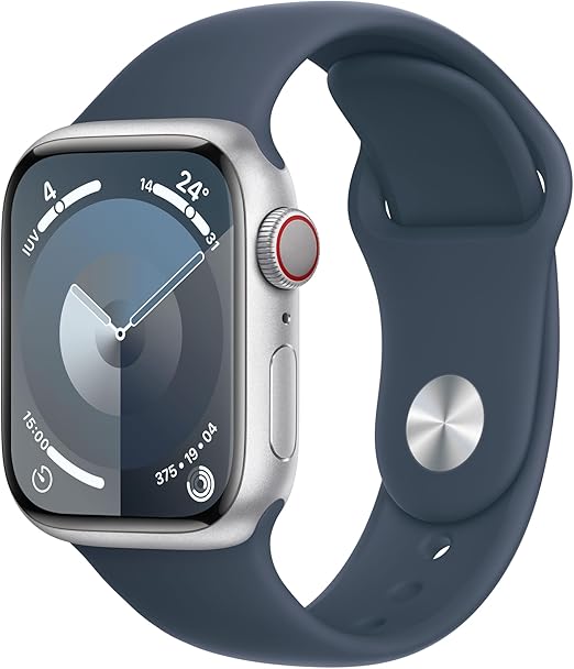 chollo Apple Watch Series 9 [GPS + Cellular] Smartwatch con Caja de Aluminio en Plata de 41 mm y Correa Deportiva Azul tempestad - Talla S/M. Monitor de entreno, App Oxígeno en Sangre, Resistencia al Agua