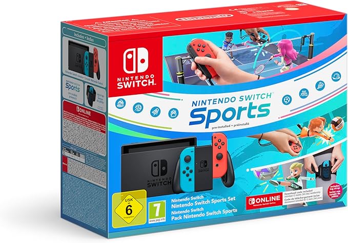 chollo Nintendo Consola Switch - Color Azul Neón/Rojo Neón + Switch Sports + 12 meses Nintendo Switch Online