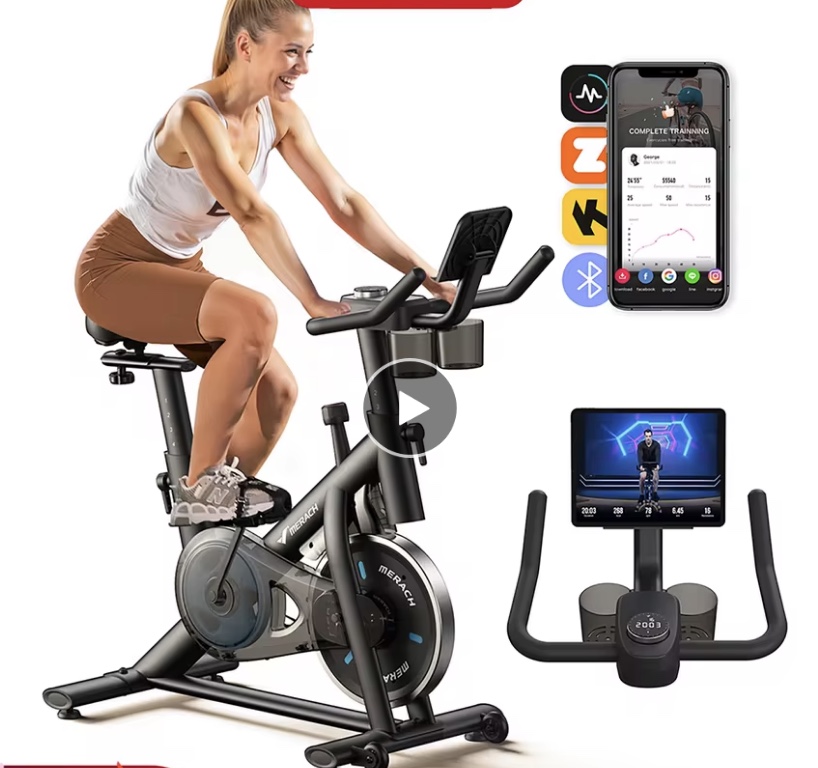 chollo MERACH Bicicleta Estática en Casa, Bicicleta Spinning con Monitor LED, Transmisión Silenciosa por Cinturón y Cómodo Cojín de Asiento, App Propia, Capacidad de 122 kg, Entrenamiento Aeróbico (Envío desde Alemania)